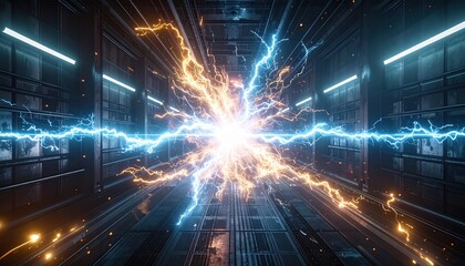 Obraz premium Intense blue and orange lightning energy explosion emanating from a central bright point in a futuristic dark tunnel.