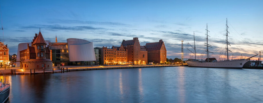 Stralsund, Germany - panorama of old harbor at dusk