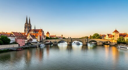 Fototapeta premium Historic European City Skyline Over Calm River at Sunset.