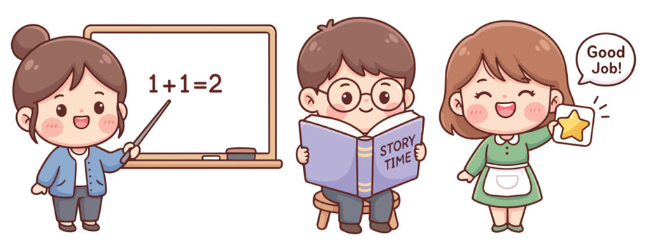 Cute Teacher Cartoon Characters Teaching Reading and Encouraging Students