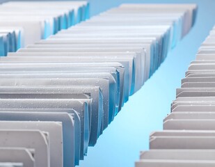 Fototapeta premium Modern minimalist office interior with blue chairs and tables.
