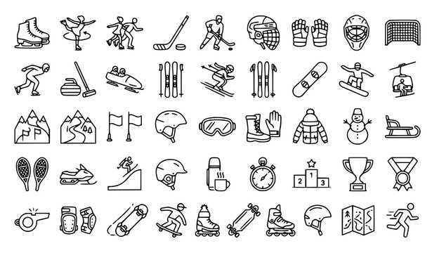 50 winter sports and ice skating line icons vector set editable stroke
