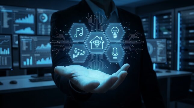 Businessman holding glowing smart home automation interface with icons for security lighting and climate control in high tech server room setting