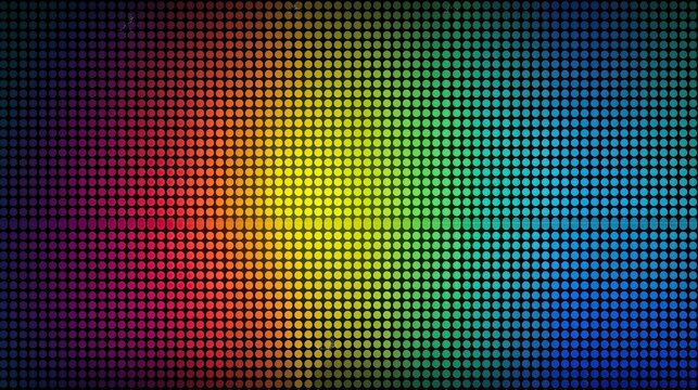Dazzling rainbow grid of colorful glowing dots transitions across dark background