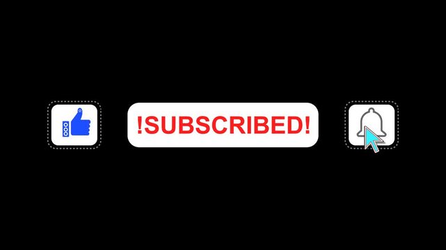subscribe button Like Share bell notification pop up for you tube on transparent black background, mouse clicked subscribed video overlay social media template for Content creator, Subscription