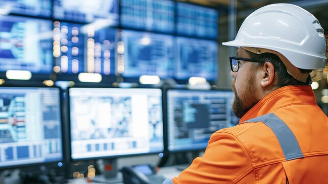 Industrial worker monitoring control room screens, overseeing production and operations with advanced technology