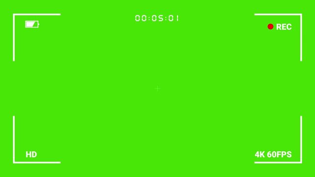 Digital camera viewfinder with recording indicator on green screen background.