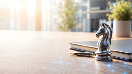Fototapeta premium Silver knight chess piece on a business notebook representing strategic planning and leadership with copy space