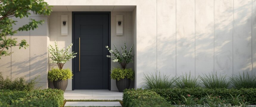 Modern architecture home exterior presenting a dark gray door and lush flower pots