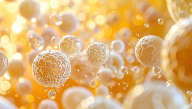 Microscopic view of yeast cells in liquid, showcasing fermentation process and cellular structures in vibrant bokeh.