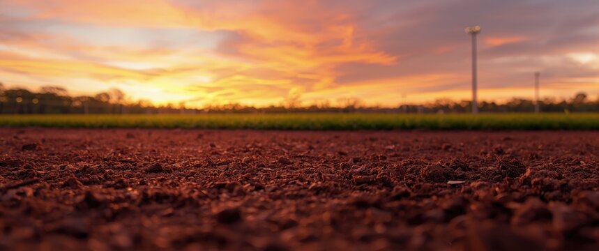 Textured brown dirt and fresh green grass on a baseball field at dusk with vibrant orange sky for text overlay