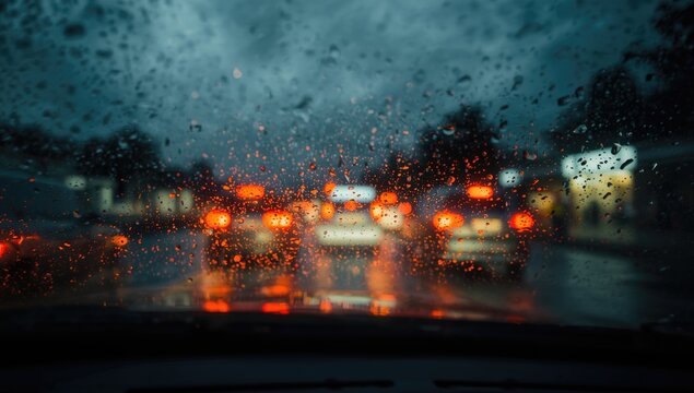 Car view through a wet windshield during a rainy night