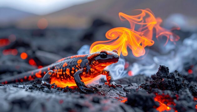 Mystical Fire Salamander With Fiery Breath Emerging From Embers