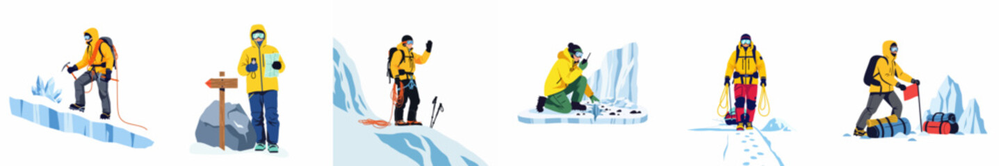 Collection of flat illustrations depicting mountain climbers and arctic explorers in snowy terrain, featuring activities like navigation, climbing, and communication with specialized gear. © Mairiko