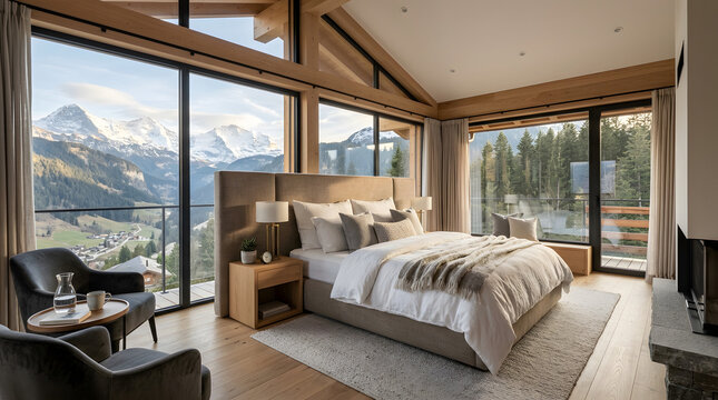 Luxurious bedroom with mountain view and large windows in a cozy chalet style interior