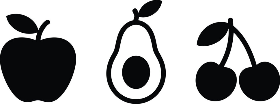 Set of black fruit silhouettes featuring an apple a halved avocado with pit and cherries isolated on white background vector.