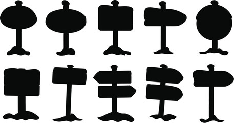 Collection of black wooden signpost silhouettes and blank direction pointers graphics set isolated on a clean white background vector illustration. © Sumaiya