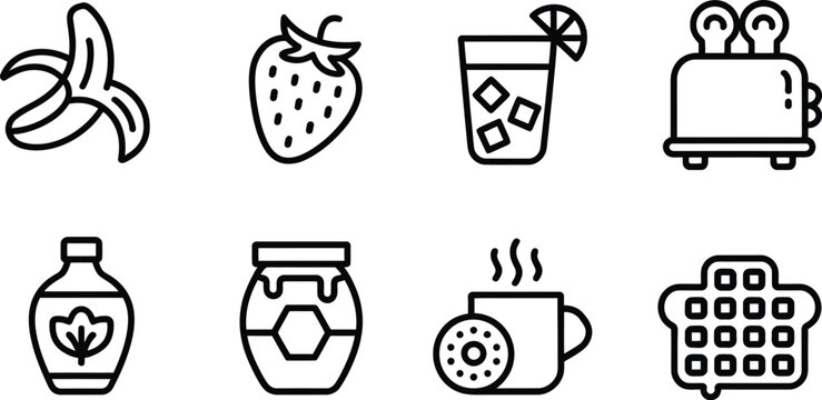 Collection of breakfast food and drink line icons including waffle toaster maple syrup banana strawberry honey and hot coffee illustration.