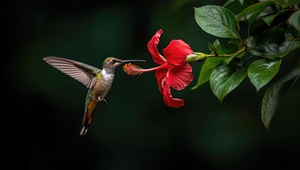 Obraz premium Joyful Rufous tailed hummingbird visiting a red rose hibiscus flower in deep green tropical forest setting