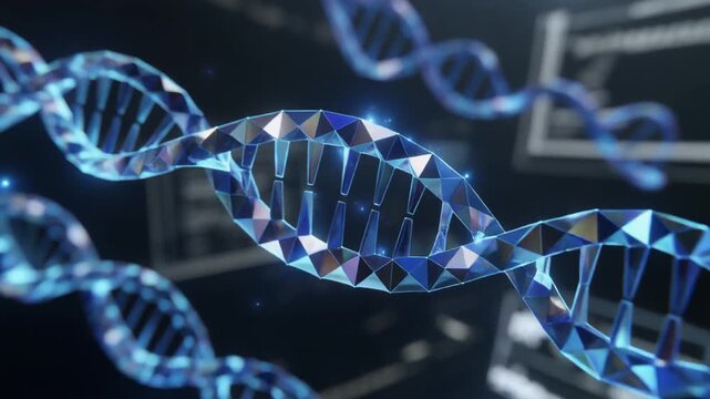 Futuristic digital rendering of glowing low-poly DNA helix structures, representing cutting-edge genetic science, molecular biology, and advanced biotechnology