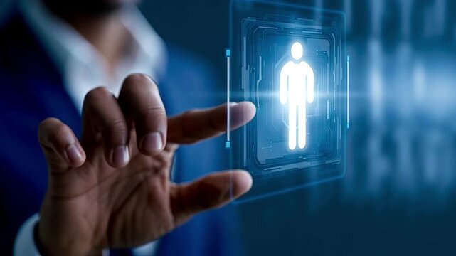 Human resources manager using a futuristic holographic interface to select a candidate for recruitment. Representing concepts like talent acquisition. Customer targeting