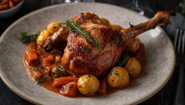 Roasted chicken leg served with vegetables and potatoes