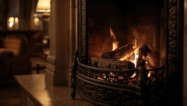 Heritage style iron firebox with smoldering burning logs in a refined environment