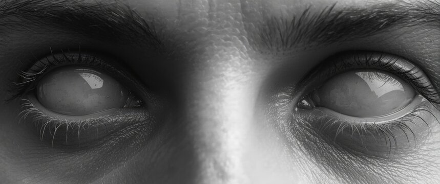 White blank eyes without iris conveying a sightless stare