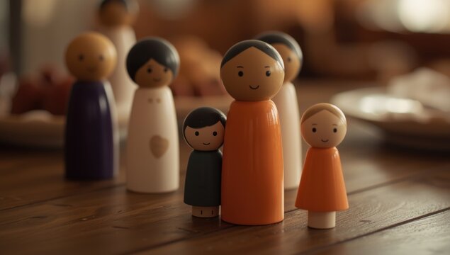 Warm wooden table setting with peg dolls representing family love and the foster care system