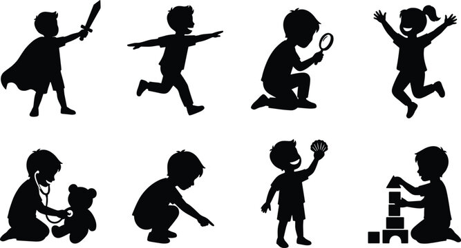 Kids Imagination and Play Activity Silhouette Collection Vector Set