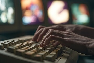 Hands typing on vintage keyboard with blurred retro computer screens in background
