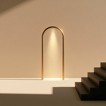 Minimalist interior with arched doorway, spotlight, and modern staircase