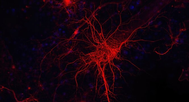 Microscopic image of mouse brain neurons and blood vessels stained with Golgi method