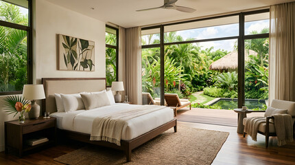 Fototapeta premium Cozy bedroom with large windows overlooking lush greenery and outdoor patio area