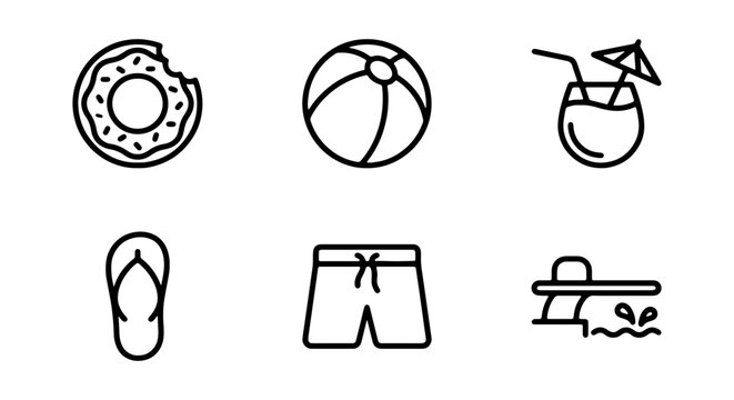 Summer Vacation Icons: Beach Ball, Donut, Cocktail, Flip Flop, Swim Trunks, Diving Board