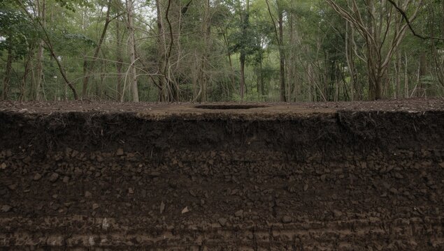 Natural doline showcasing soil layer breakdown and ground hole