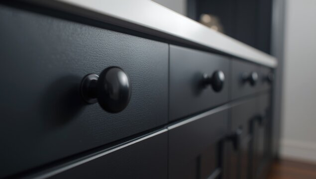 Black cabinet drawers with round knobs in a kitchen setting