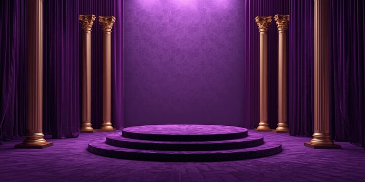 impressive purple dais supported by golden pillars on radiant purple backdrop