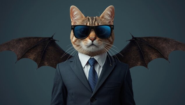 Cat wearing sunglasses and a suit with bat wings