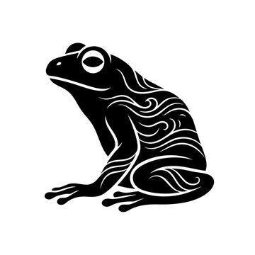 A sitting frog with swirling patterns on its body is looking left