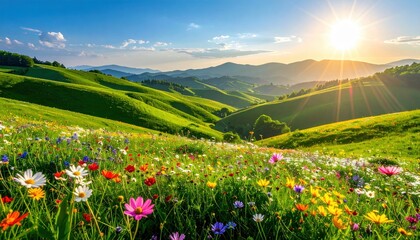 Obraz premium Vast rolling green hills covered in vibrant wildflowers under a clear blue sky at golden hour