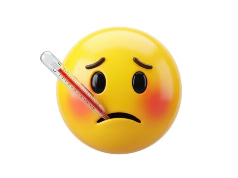 A yellow emoji face looking sick, with red cheeks and a thermometer in its mouth, indicating a fever