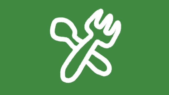 Spoon and fork cutlery hand-drawn cartoon graphic with chalk outline crossed utensils restaurant notification icon isolated on green screen background for lunch symbol and cooking line art element.