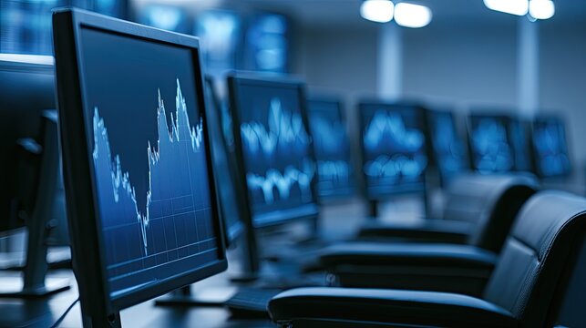 Rows of glowing computer monitors displaying financial data charts
