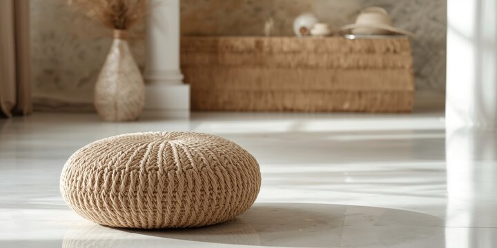 Sustainable boho interior design with rafia pouf placed on white flooring
