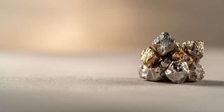 High detail macro shot of metallic ores with silver gold copper zinc and iron textures for industrial use
