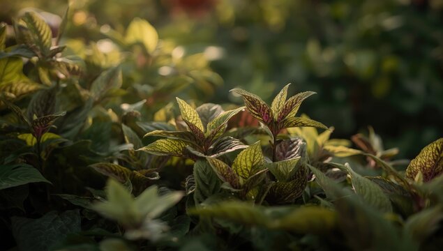 Lush garden view with detailed green and purple Tradescantia spathacea leaves and natural texture