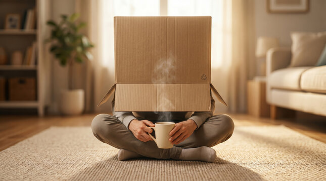 Wide shot of a person sitting on a rug with a cardboard box over their head while holding a steaming mug in a cozy sunlit living room