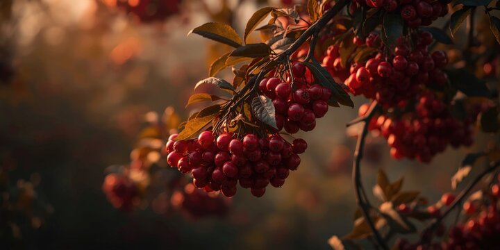 Lush red fruits hanging heavily on branches with cinematic light and subdued blurry background