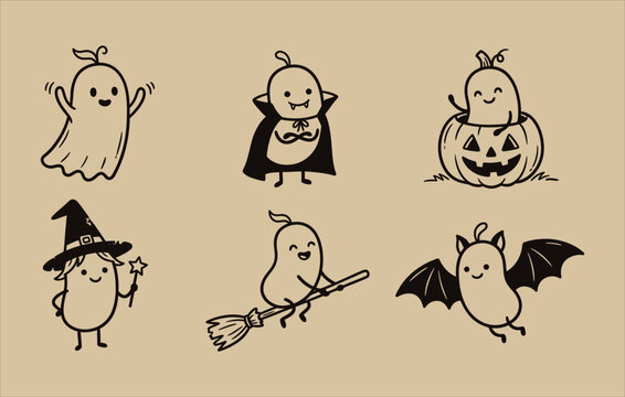 Halloween outline illustration featuring a happy bean character popping out of a pumpkin and a witch holding a magic wand